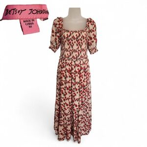 Betsey Johnson Strawberry Fields Smocked Midi Dress M Puff Sleeve Cottagecore